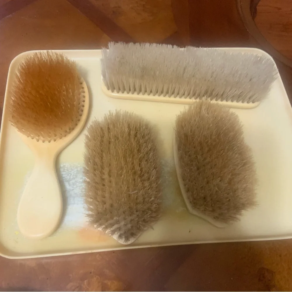 Vintage Antique Ivory Celluloid Vanity Dresser Brush Mirror Set Pyralin
